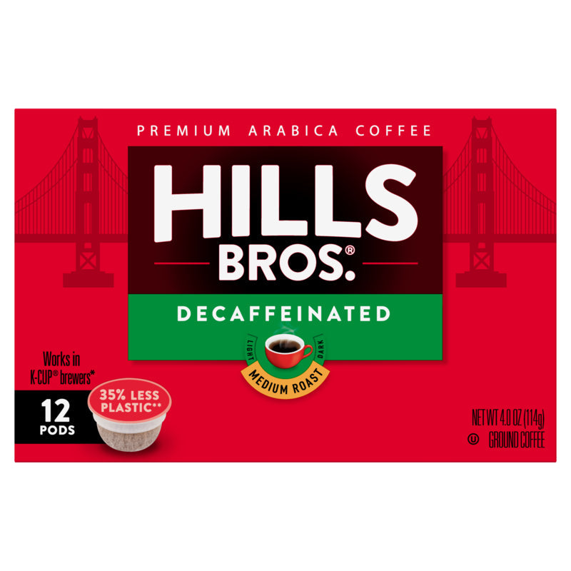 Hills Bros. Decaf Original Blend - Medium Roast - Single-Serve Coffee Pods feature premium Arabica beans.