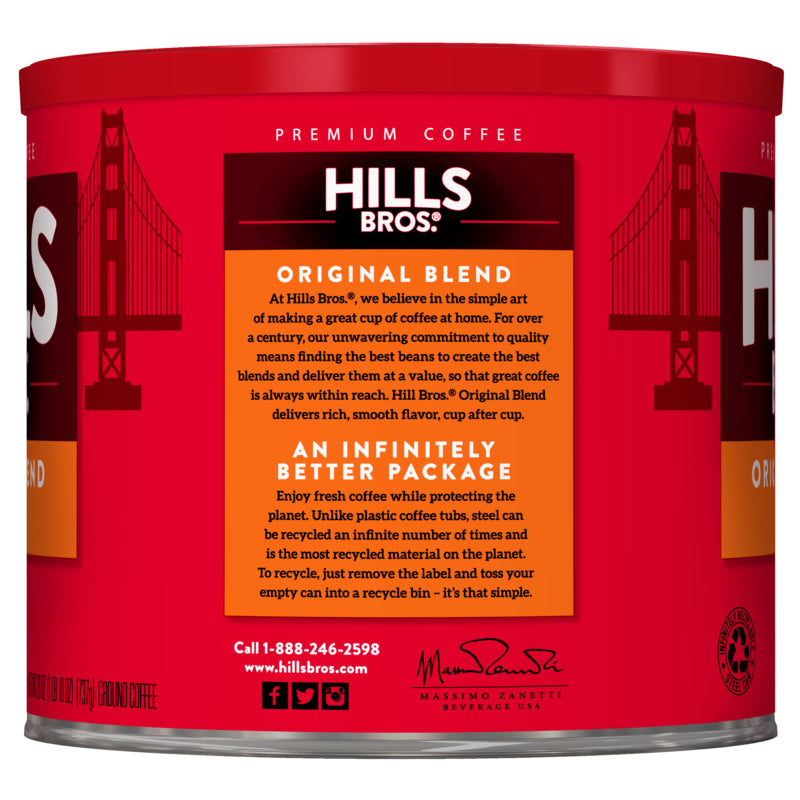 Hills Bros. Coffee brews Original Blend - Medium Roast - Ground coffee in a tin.