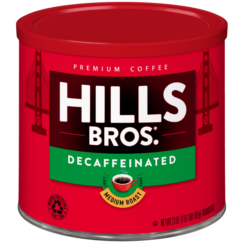 Enjoy a smooth cup of decaffeinated coffee from Hills Bros. Coffee with their Decaf Original Blend - Medium Roast - Ground.