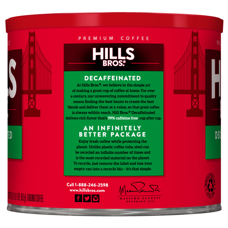 Hills Bros. Coffee decaffeinated coffee tin.