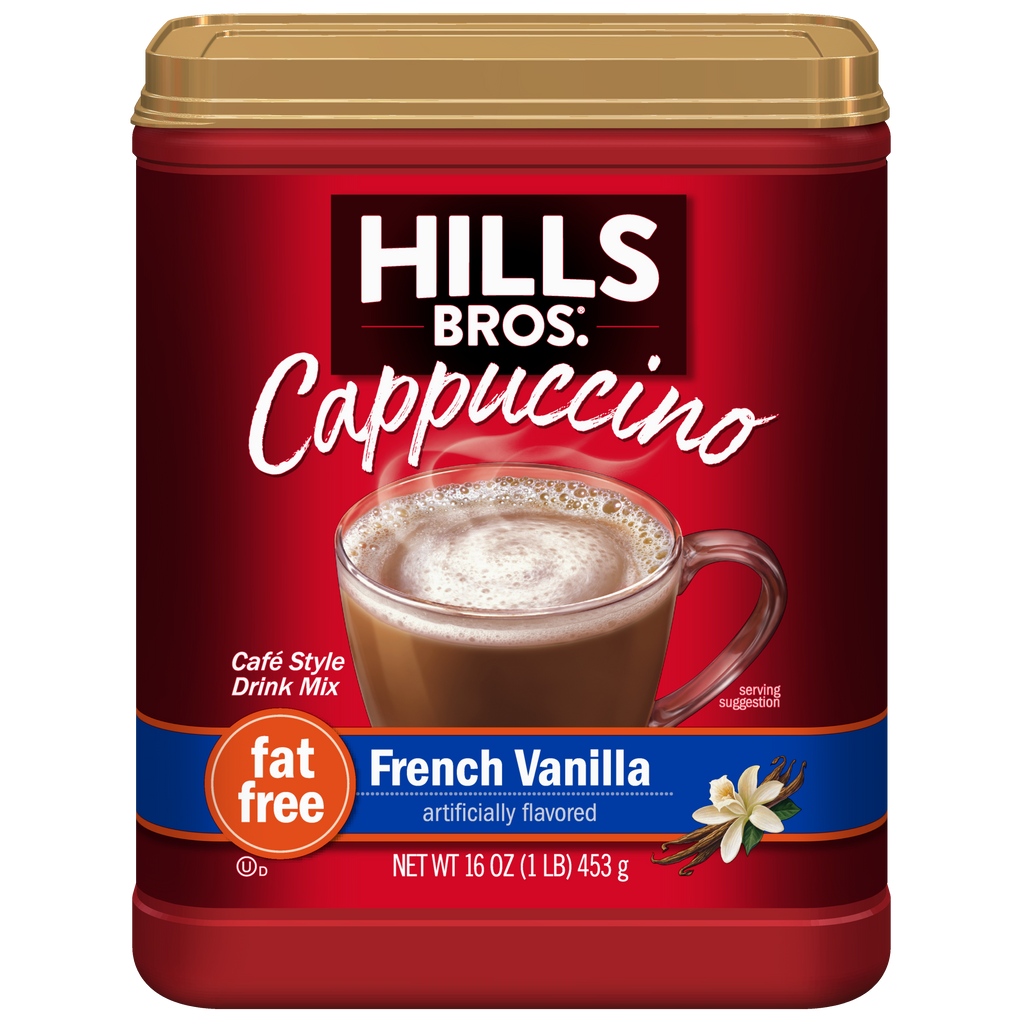 Indulge in Hills Bros. Fat-Free French Vanilla Instant Cappuccino Mix with a rich French vanilla flavor.