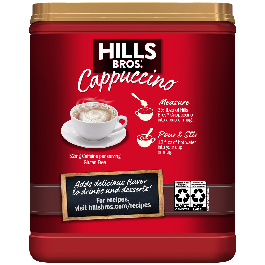 Indulge in Hills Bros. Double Mocha instant cappuccino mix for a delightful coffee house experience at home.
