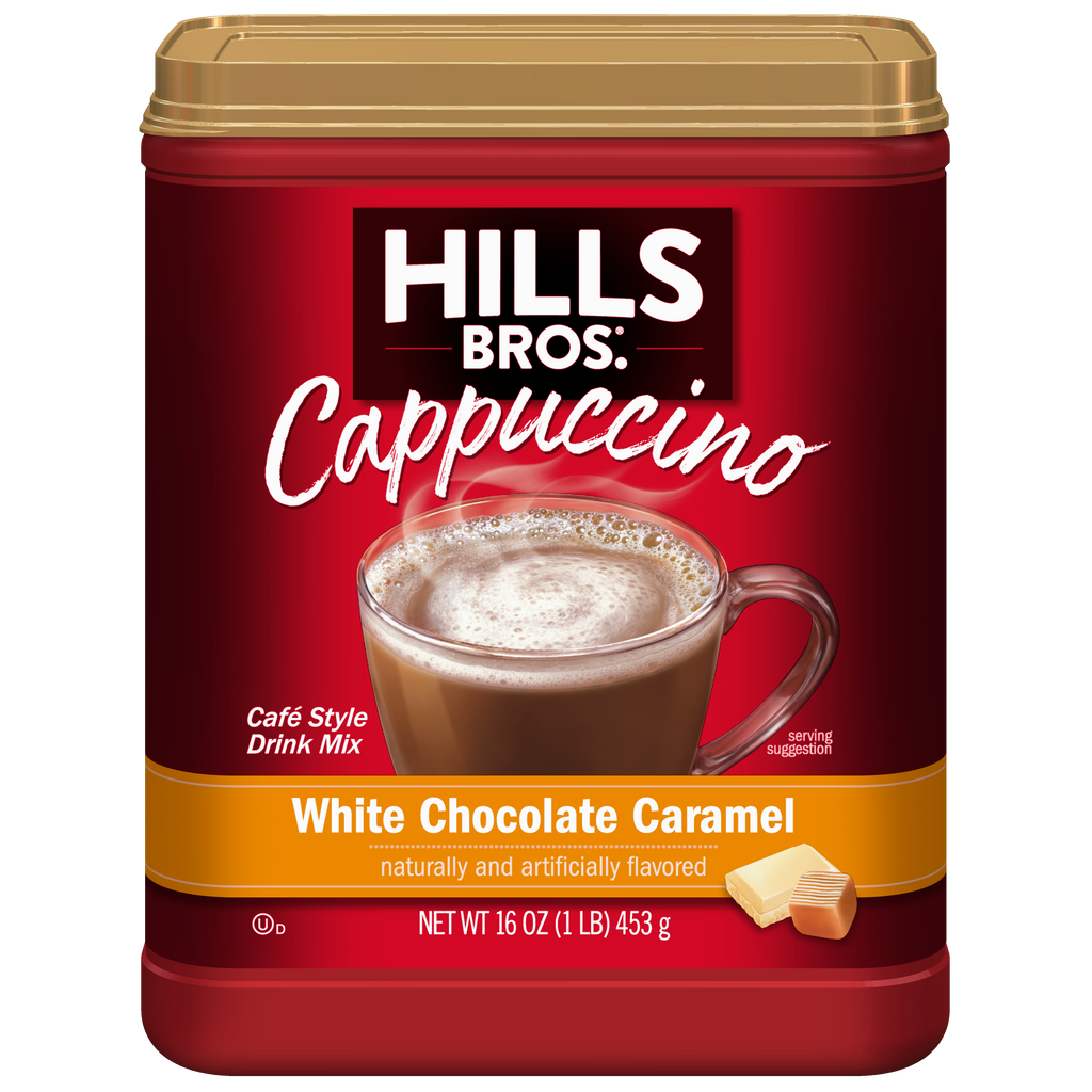 Indulge in Hills Bros. Cappuccino's White Chocolate Caramel instant cappuccino mix - absolutely delicious.