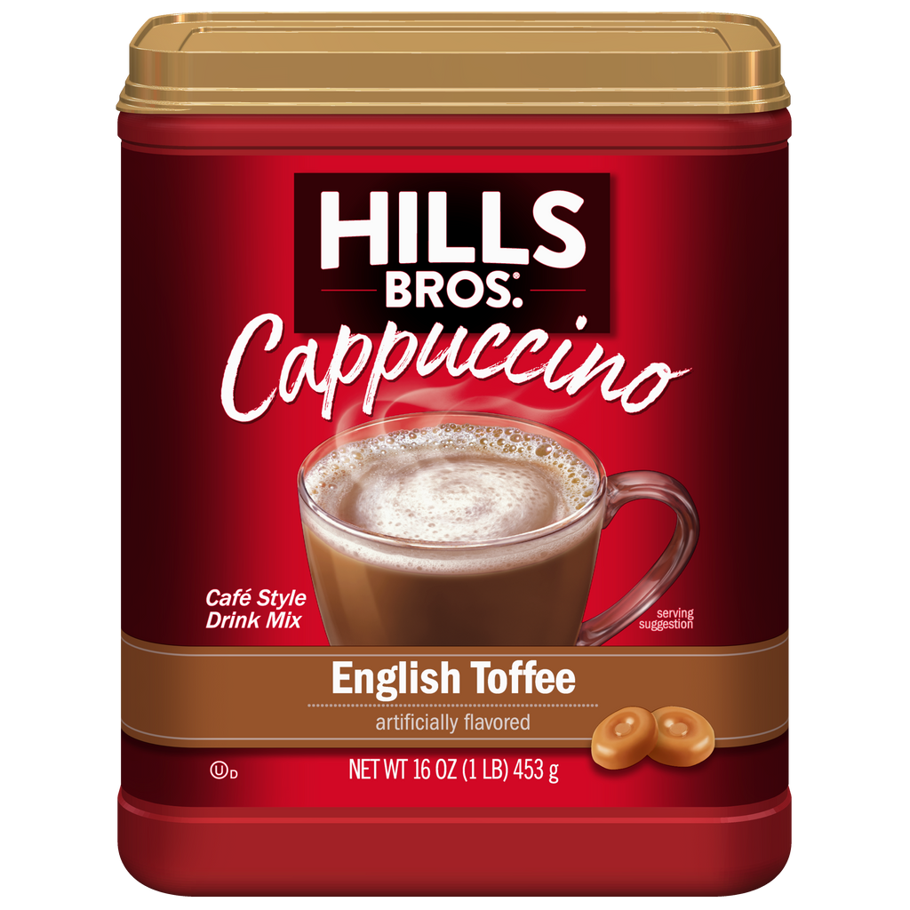 Indulge in delicious Hills Bros. English Toffee Cappuccino Mix, ready instantly for your enjoyment.