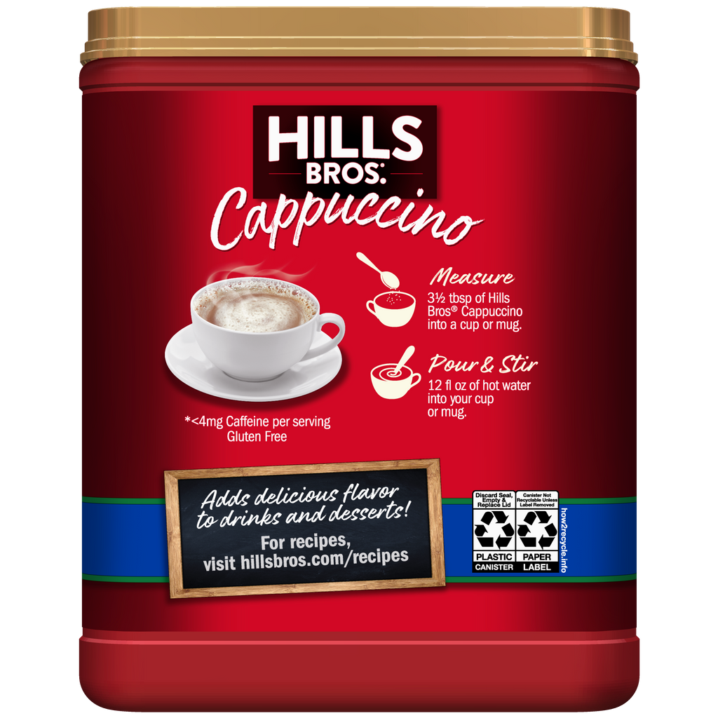 Indulge in the rich and creamy Hills Bros. Cappuccino Decaf French Vanilla - Instant Cappuccino Mix powder.