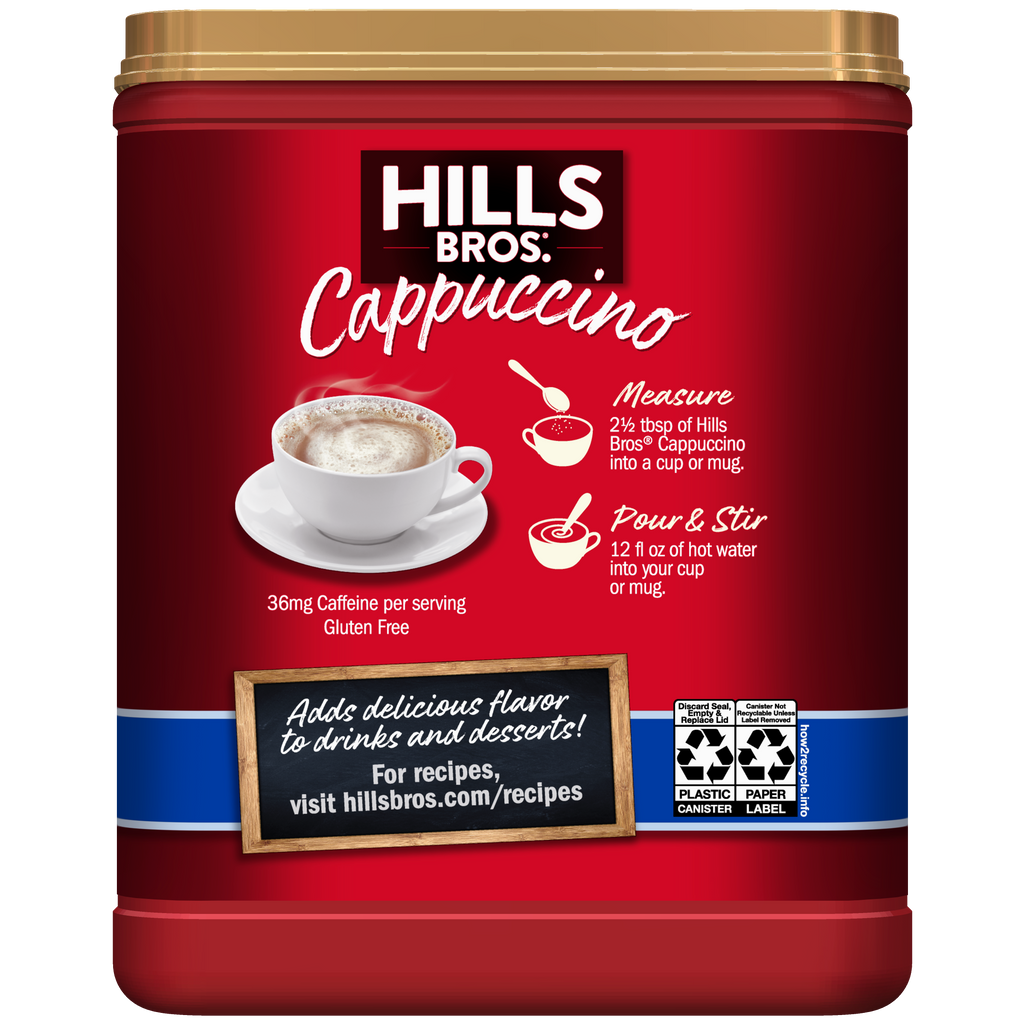 Indulge in the delicious flavor of Hills Bros. Cappuccino Sugar-Free French Vanilla Instant Cappuccino Mix.