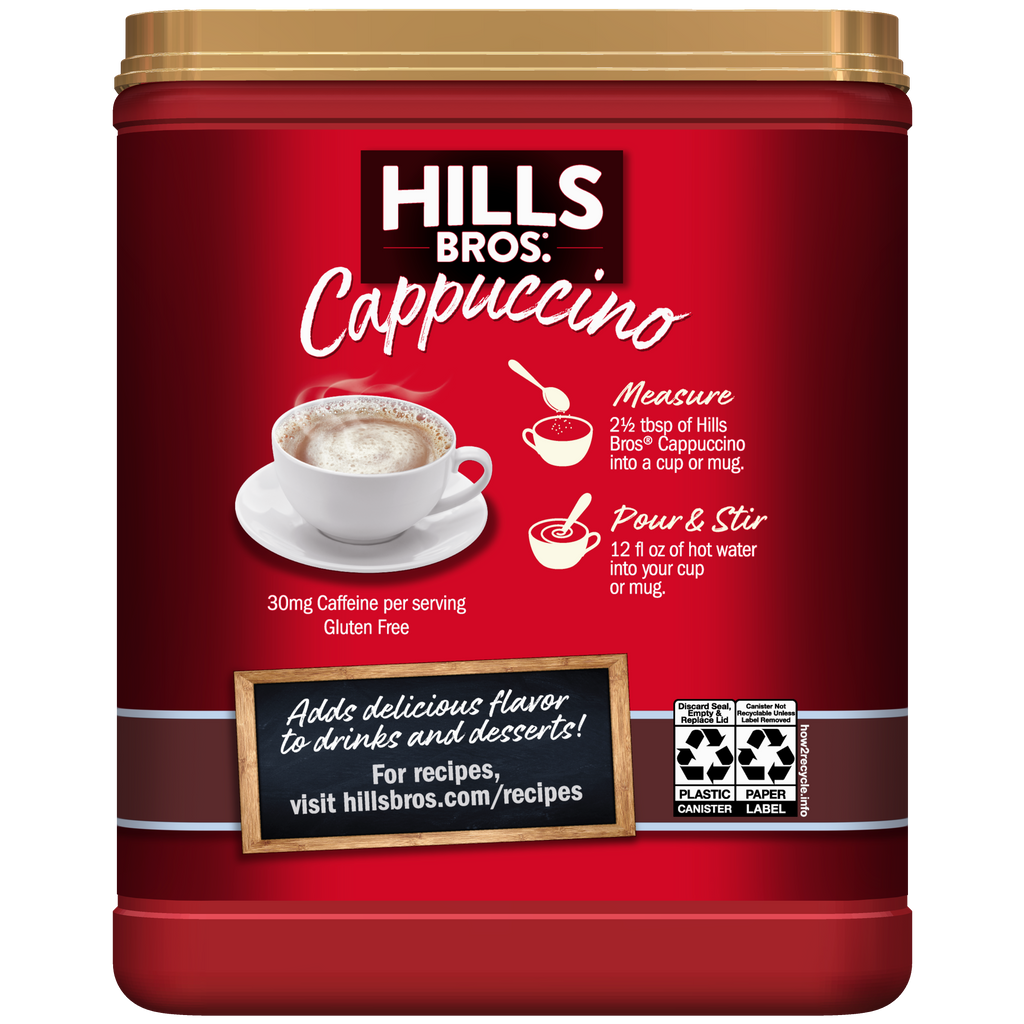 Indulge in the rich flavor of Sugar-Free Double Mocha instant cappuccino powder from Hills Bros. Cappuccino.
