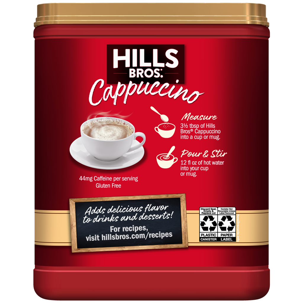 Indulge in the rich and creamy flavor of Hills Bros. Instant Cappuccino powder, now available in Hazelnut - Instant Cappuccino Mix flavor.