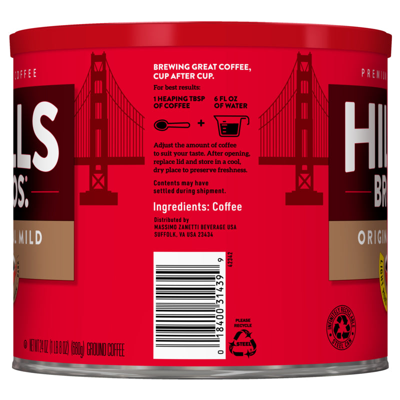 A tin of Hills Bros. Coffee Original Mild - Light Roast - Ground with the Golden Gate Bridge in the background is gluten free.