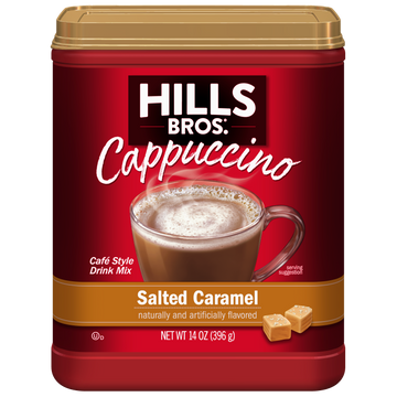 Indulge in the Instant Hills Bros. Cappuccino Salted Caramel Mix for a delicious treat.