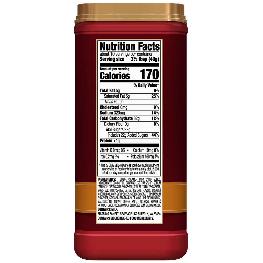 An image of a nutrition label on a white background, with a dash of Salted Caramel - Instant Cappuccino Mix flavor from Hills Bros. Cappuccino.