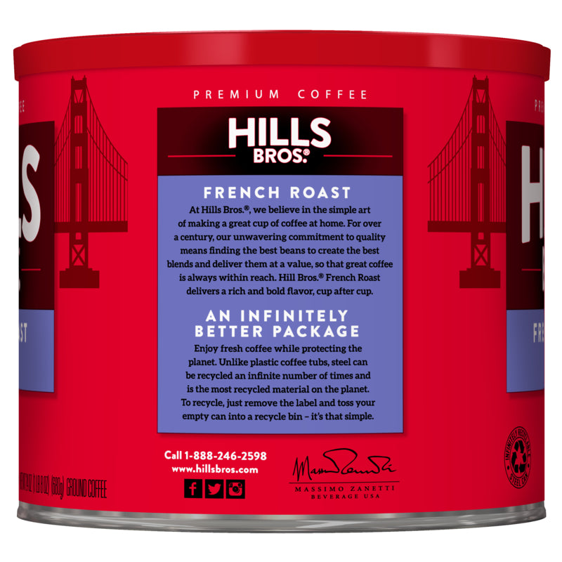 Hills Bros. Coffee French Roast - Dark Roast - Ground coffee in a tin made with premium beans.