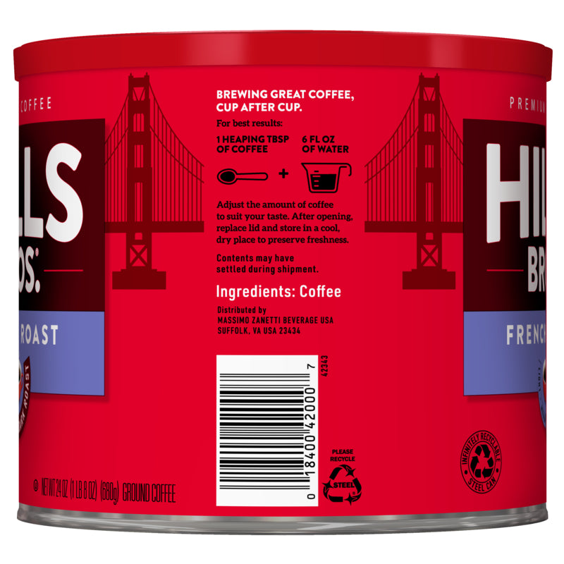 A tin of Hills Bros. Coffee French Roast - Dark Roast - Ground coffee with the Golden Gate Bridge in the background.