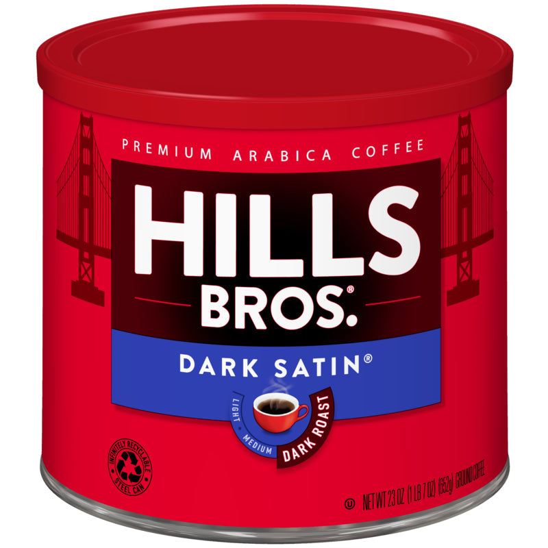 Dark Satin coffee in a Hills Bros. Coffee satin tin.