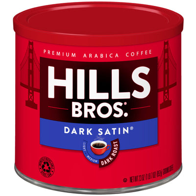 Dark Satin coffee in a Hills Bros. Coffee satin tin.
