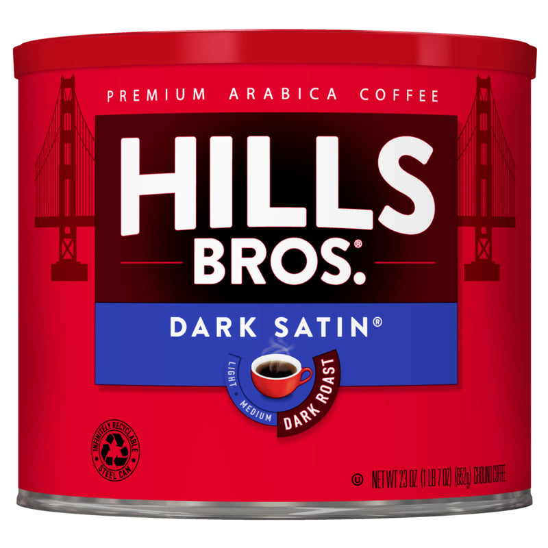 Indulge in Hills Bros. Coffee Dark Satin premium Arabica dark roast coffee.