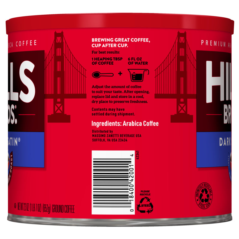 A can of Dark Satin dark roast ground premium arabica coffee from Hills Bros. Coffee with a bridge in the background.