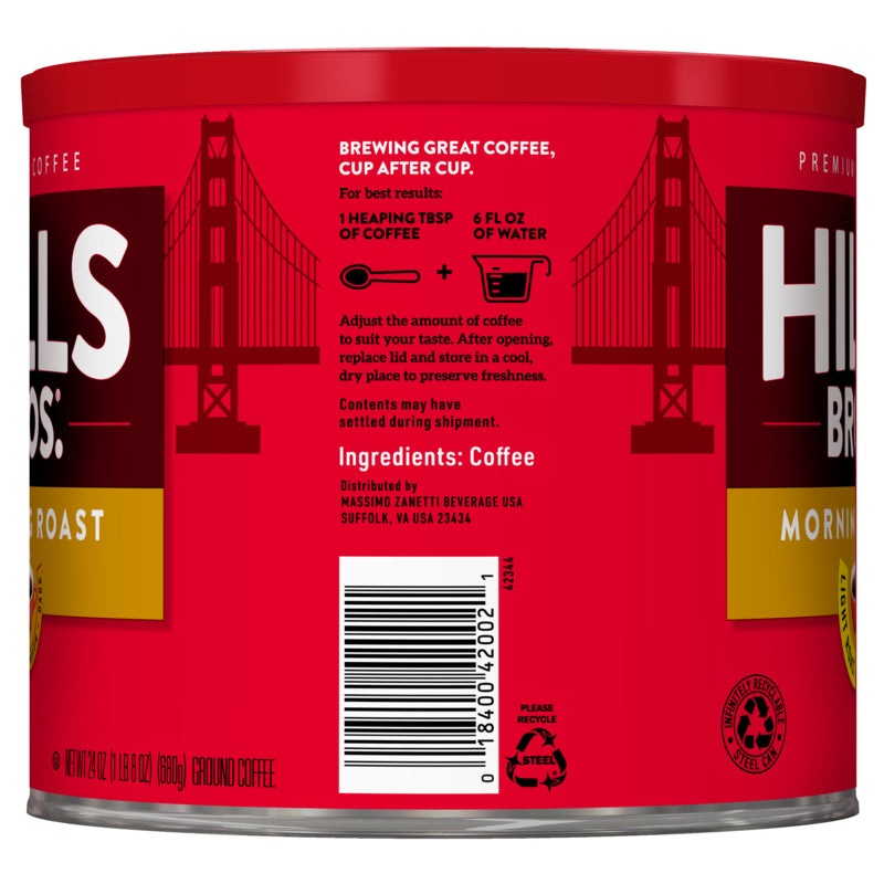 Enjoy a tin of Hills Bros. Coffee Morning Roast - Light Roast - Ground with the stunning view of the Golden Gate Bridge in the background.