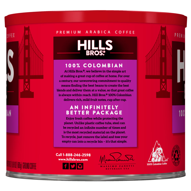 This Hills Bros. Coffee 100% Colombian - Dark Roast - Ground tin contains a delicious dark roast blend.