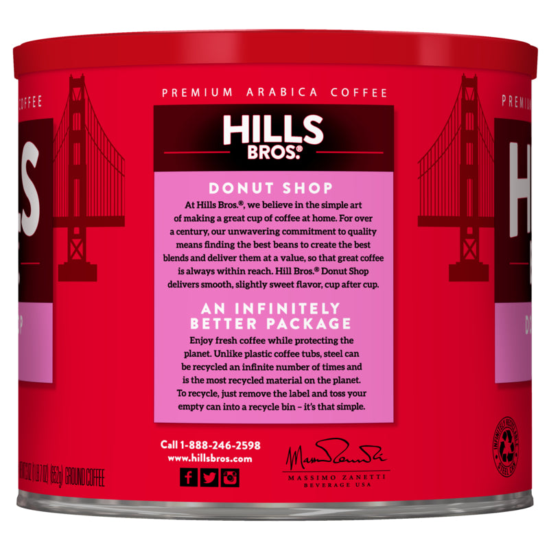 Hills Bros. Coffee Donut Shop - Medium Roast - Ground - Premium Arabica in a tin with the San Francisco skyline in the background, perfect for coffee lovers and medium roast enthusiasts.