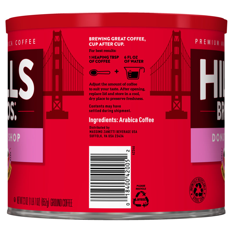A Donut Shop - Medium Roast - Ground - Premium Arabica can of Hills Bros. Coffee featuring a picture of the San Francisco Bridge, perfect for coffee lovers.