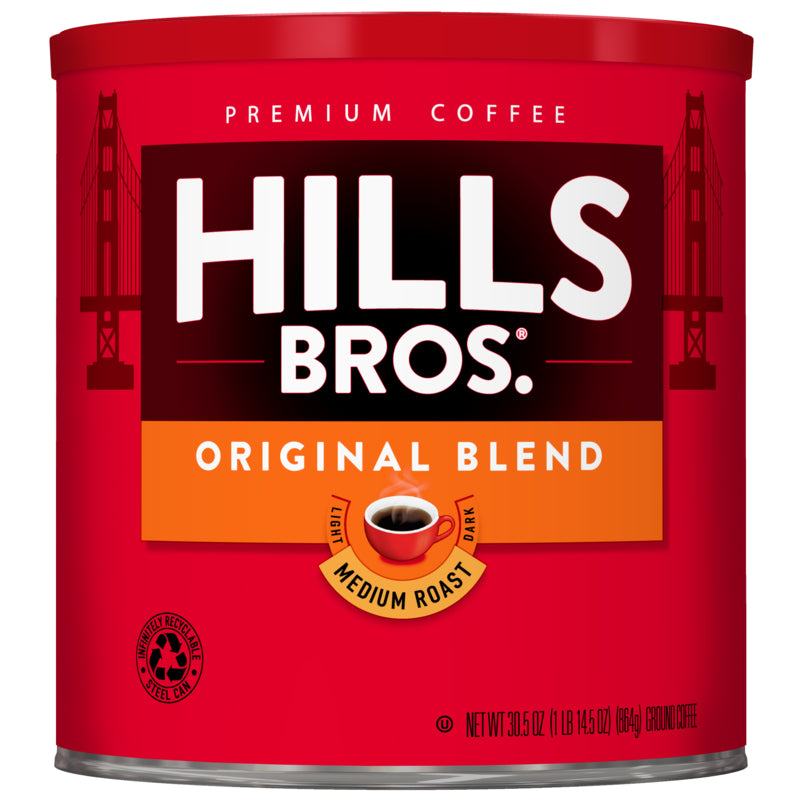 Hills Bros. Coffee can featuring the Original Blend - Medium Roast - Ground.