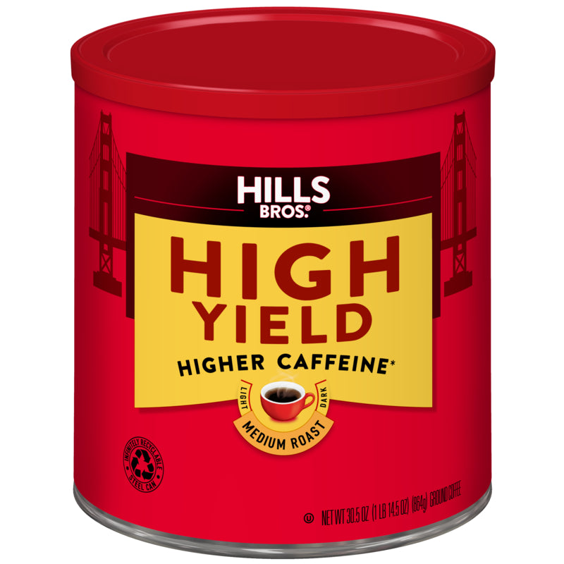 Elevate your mornings with Hills Bros. Coffee's High Yield - Medium Roast - Ground coffee made from premium beans.