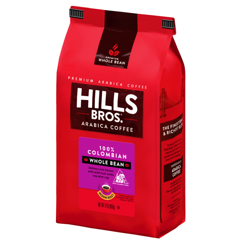 Hills Bros. Coffee 100% Colombian - Medium Roast - Whole Bean - Premium Arabica.