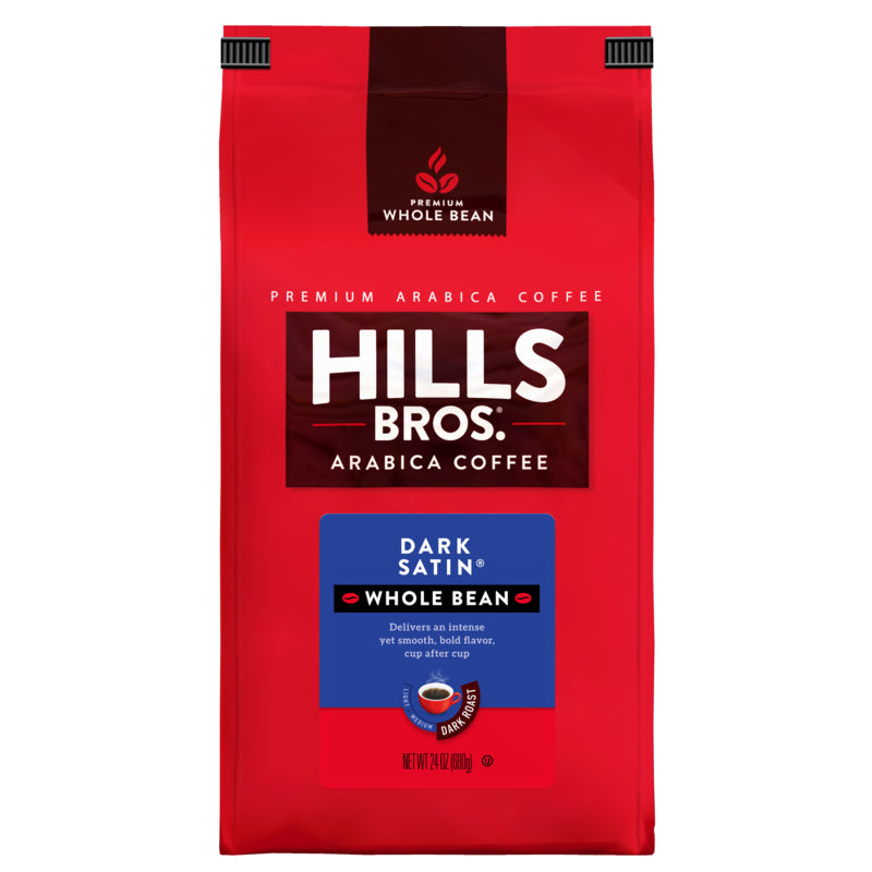 Experience the rich taste of Hills Bros. Coffee Dark Satin - Dark Roast - Whole Bean - Premium Arabica, made from premium Arabica beans.