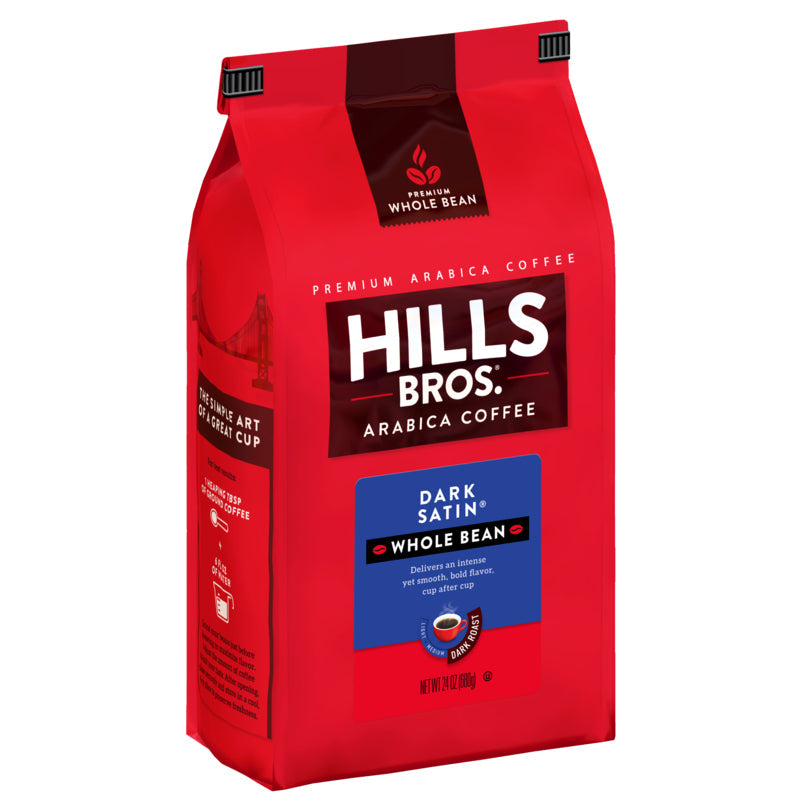 Hills Bros. Coffee Dark Satin American dark roast premium Arabica coffee.
