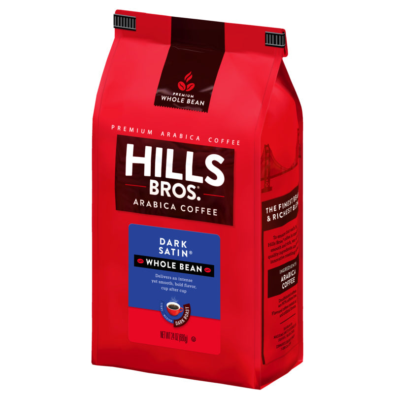 Hills Bros. Coffee's Dark Satin America's premium Arabica dark roast whole bean coffee.