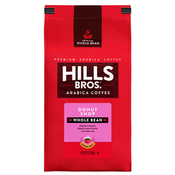 Hills Bros. Coffee Donut Shop - Medium Roast - Whole Bean - Premium Arabica bag is filled with premium Arabica whole bean coffee, perfect for coffee lovers.