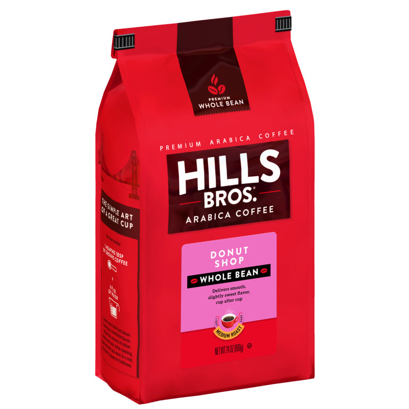 Experience the tangy flavor of America's sourdough coffee from Hills Bros. Coffee made with Donut Shop - Medium Roast - Whole Bean - Premium Arabica coffee beans. A must-have for coffee lovers who enjoy whole bean coffee.