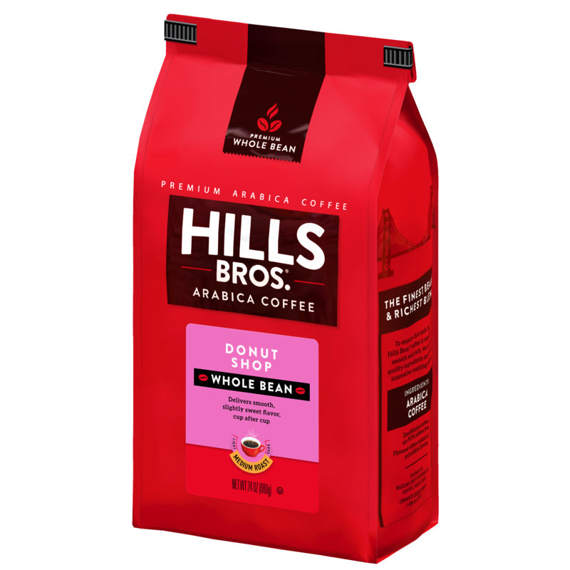 Indulge in Hills Bros Donut Shop - Medium Roast whole bean coffee made with premium Arabica coffee beans for all coffee lovers.