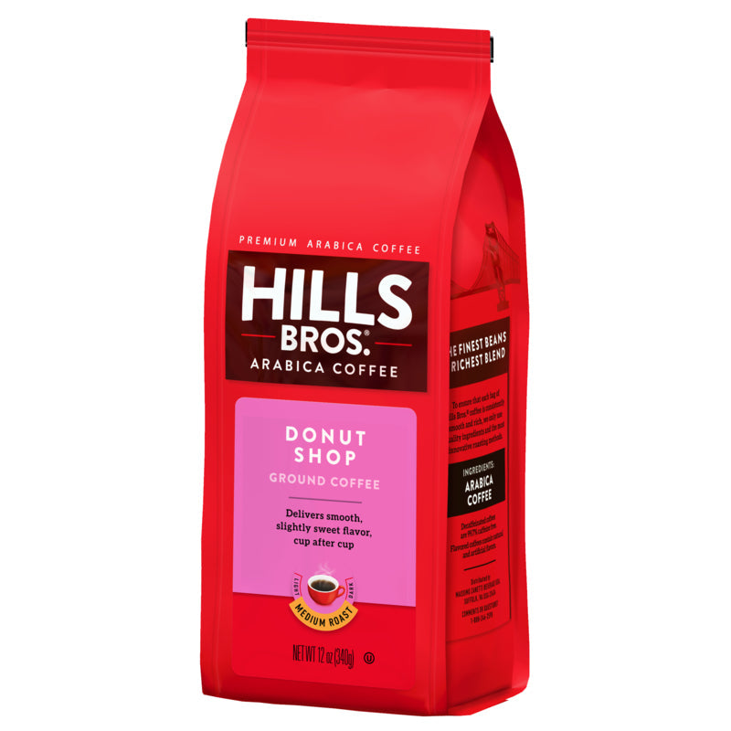 Enjoy the rich flavor of Hills Bros. Coffee's Donut Shop - Medium Roast - Ground - Bag - Premium Arabica coffee.