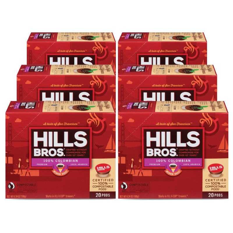 Four boxes of premium 100% Colombian - Medium Roast - Single-Serve Coffee Pods from Hills Bros. Coffee.