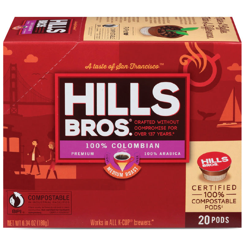 Experience the rich flavor of Hills Bros. 100% Colombian - Medium Roast - Single-Serve Coffee Pods in convenient k-cups. Enjoy a premium coffee experience at home.