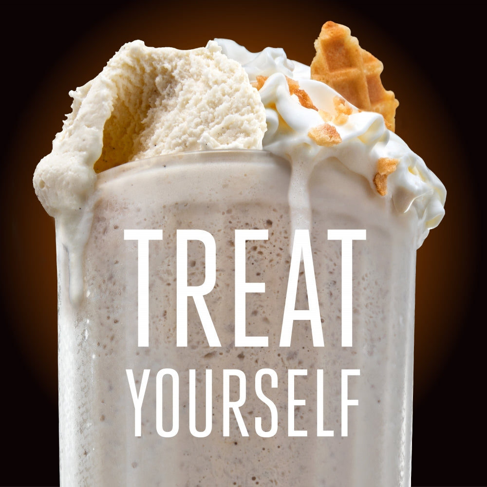 Indulge in a Hills Bros. Frappés Vanilla Creme drink with whipped cream and waffles topped with vanilla cream, all garnished with the words treat yourself.