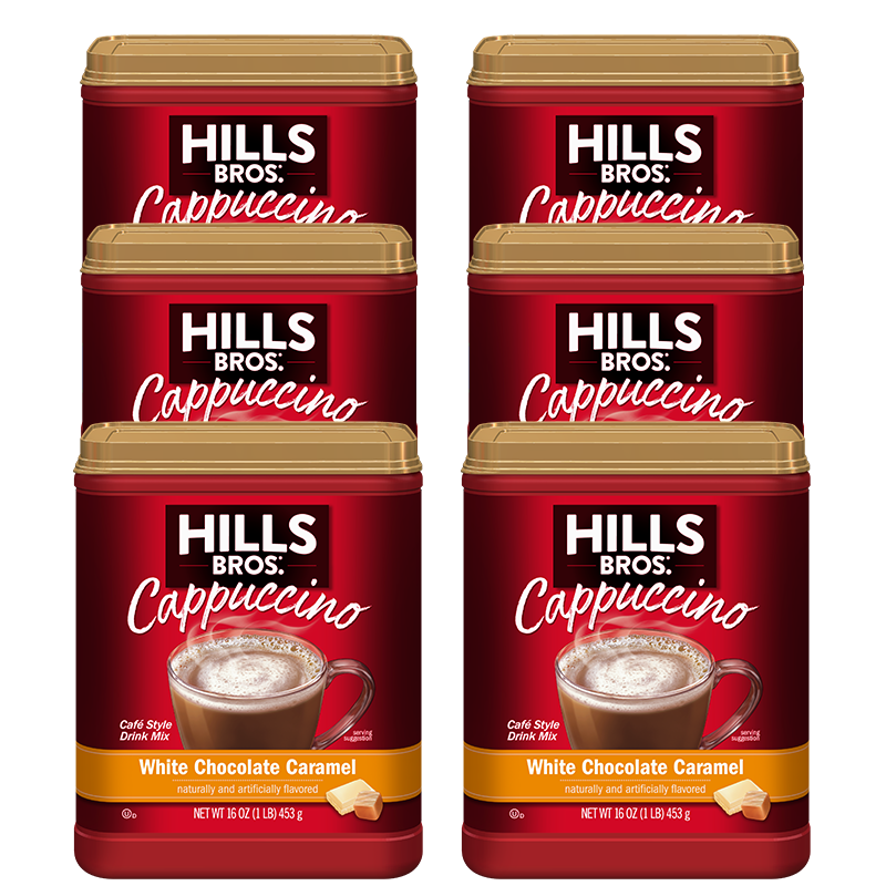 Indulge in the delicious Hills Bros. White Chocolate Caramel instant cappuccino mix, perfect for a quick cappuccino fix. This pack contains 6 oz and includes 6 servings.