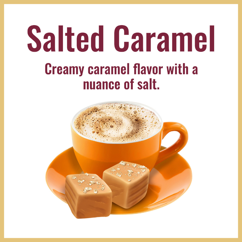Indulge in a delicious Hills Bros. Cappuccino Salted Caramel Instant Cappuccino Mix treat paired with a cup of coffee.