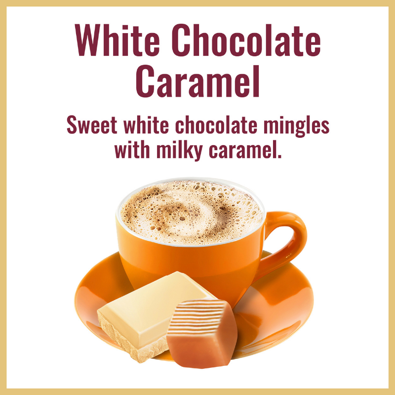 Delicious Hills Bros. Cappuccino White Chocolate Caramel - sweet white chocolate blends with milky caramel.