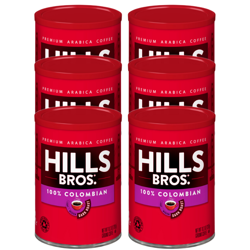 Hills Bros. Coffee 100% Colombian - Dark Roast - Ground, 6 cans of dark roast.