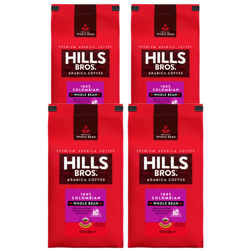 Hills Bros. Coffee 100% Colombian - Medium Roast - Whole Bean - Premium Arabica, 4 oz pack of 4