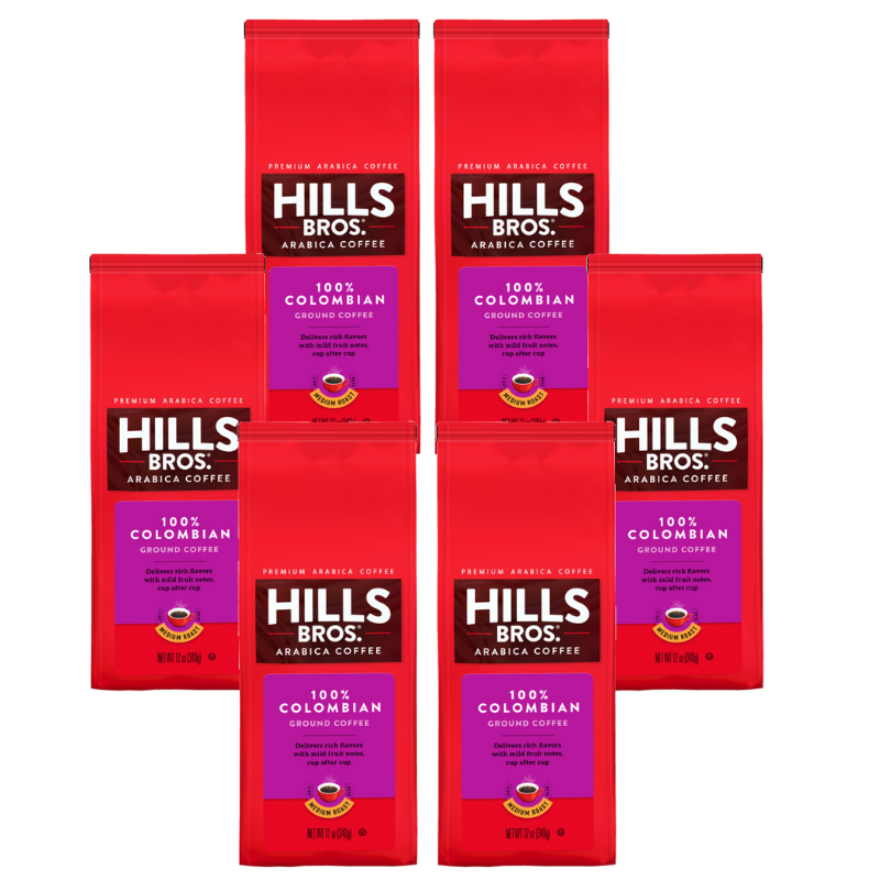 Hills Bros. Coffee 100% Colombian - Medium Roast - Whole Bean - pack of 6 premium Arabica bags.