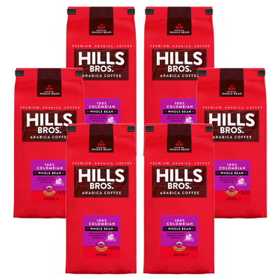 Pack of 6 Hills Bros. 100% Colombian - Medium Roast - Whole Bean - Premium Arabica coffee bags.