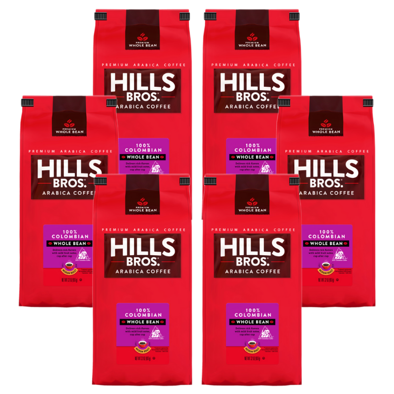 Pack of 6 Hills Bros. 100% Colombian - Medium Roast - Whole Bean - Premium Arabica coffee bags.
