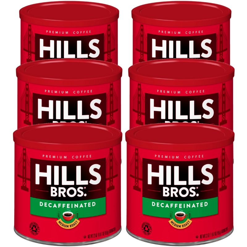6 cans of Hills Bros. Coffee Decaf Original Blend - Medium Roast - Ground