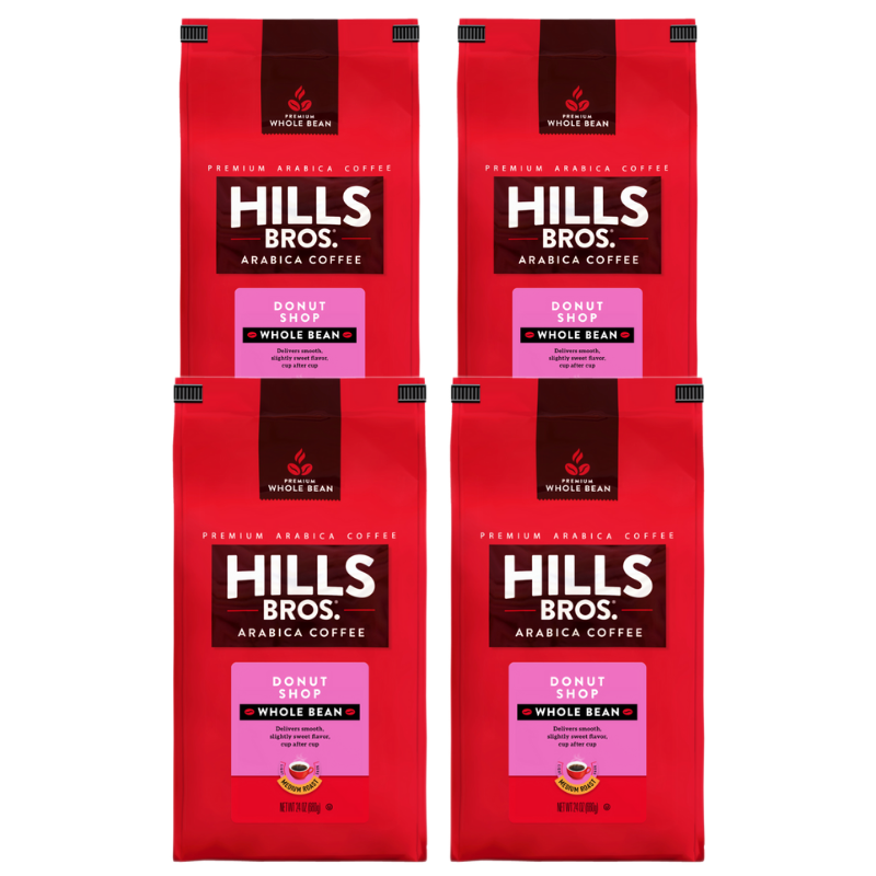Indulge in Hills Bros. Coffee, made with Donut Shop - Medium Roast - Whole Bean - Premium Arabica beans. Each pack contains 4 oz, perfect for coffee lovers.