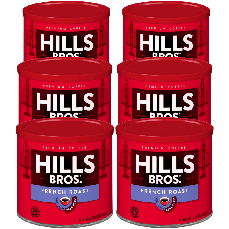 6 oz tins of Hills Bros. Coffee French Roast - Dark Roast - Ground made from premium beans.