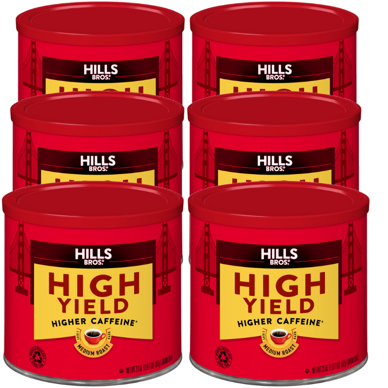 6 oz tins of Hills Bros. Coffee High Yield - Medium Roast - Ground made from premium beans. Enjoy the perfect medium roast flavor in every cup.
